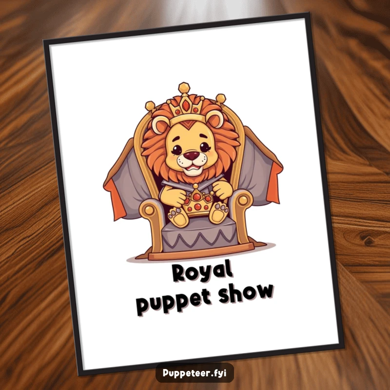 Funny poster art of a proud lion puppet master seated on a throne, directing a tiny crown puppet with majestic grace.