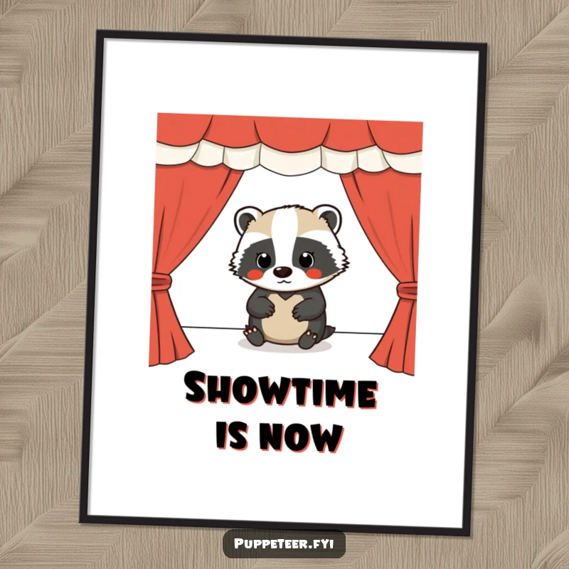 Funny poster art of a determined badger focused on operating a puppet show stage, highlighting theatrical passion.