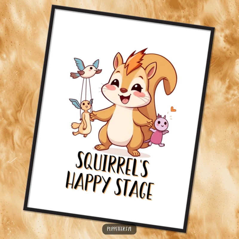Funny poster art of a happy, giggling squirrel smiling while operating two puppet toys suspended by strings.
