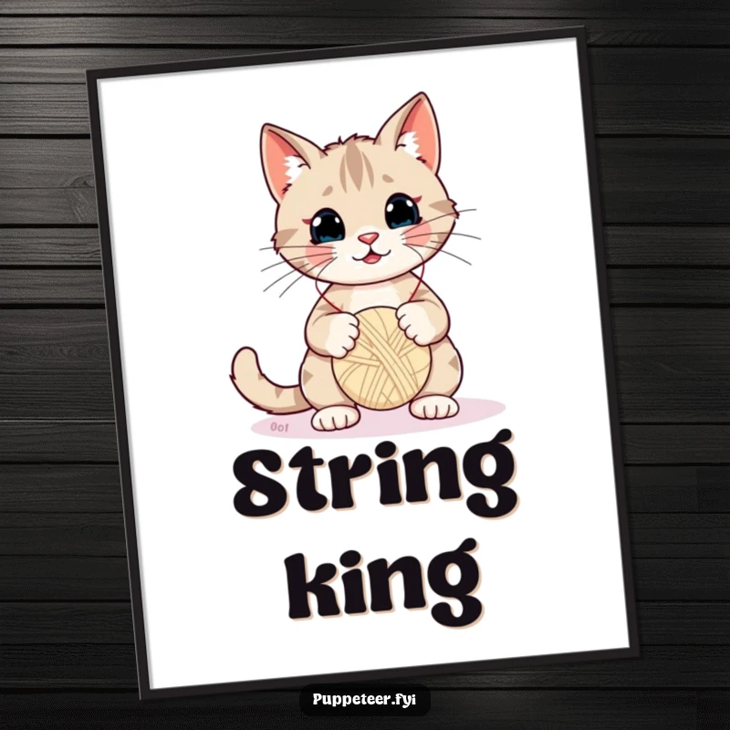 Funny Cat Poster: A mischievous cat expertly wiggles strings to make a yarn ball puppet bounce, creating a humorous scene.