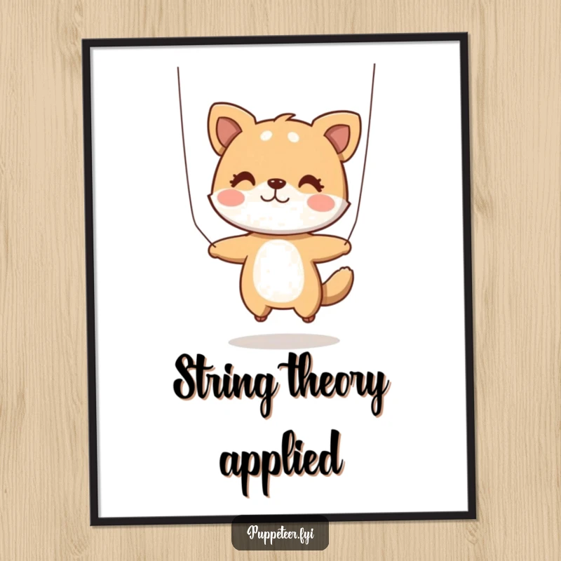 Funny Poster: A whimsical print of a playful animal character skillfully manipulating strings to make a puppet perform a lively jump.