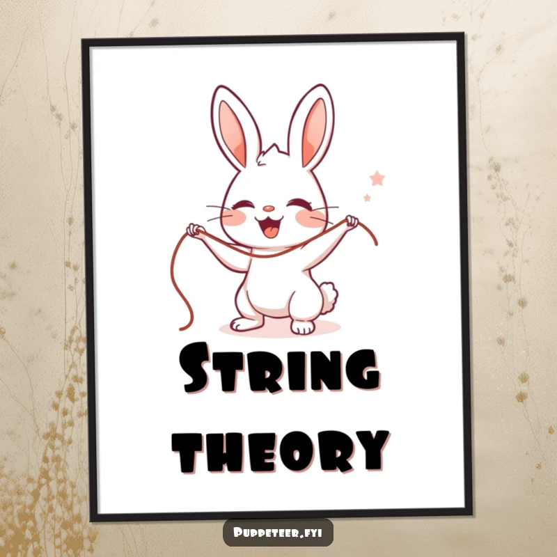 Funny Rabbit Puppet Master Poster showcasing a cute, delighted rabbit controlling strings with expert precision, a humorous gift.