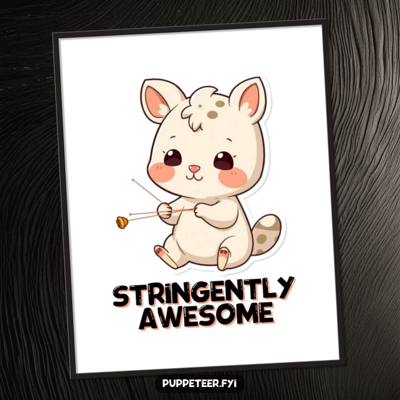 Funny Poster: Cheerful animal character intensely concentrating on intricate string movements for a puppet show, a humorous art piece.