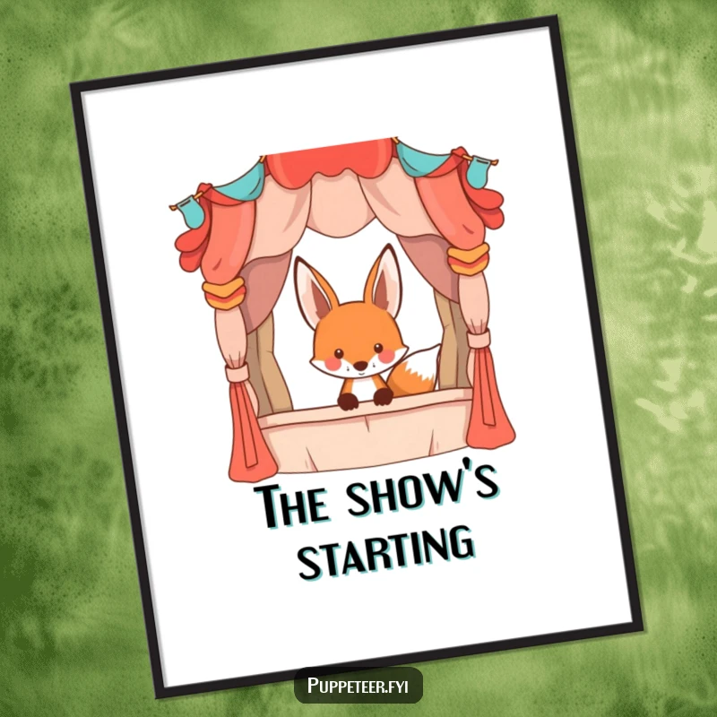Funny playful fox peeking from behind a large, whimsical puppet stage, humorous art print, perfect for theater-themed decor.