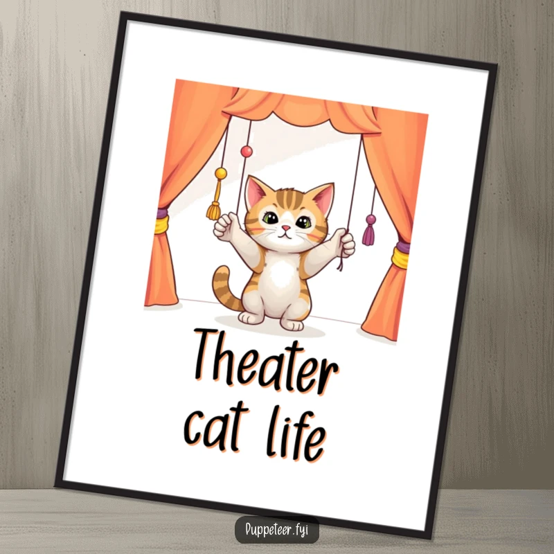 Funny curious cat batting playfully at dangling puppet strings in a colorful theater, humorous art print, perfect for adding whimsical decor.