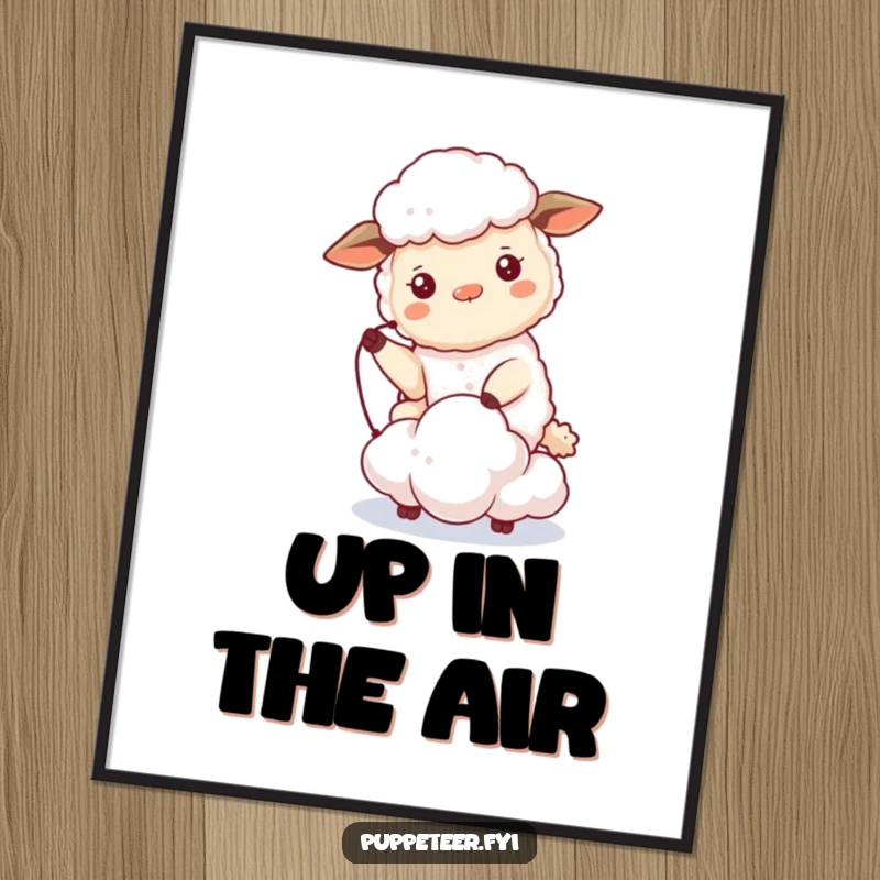Funny sheep poster print of a beaming sheep controlling a tiny cloud puppet that drifts, creating humorous and captivating wall art.