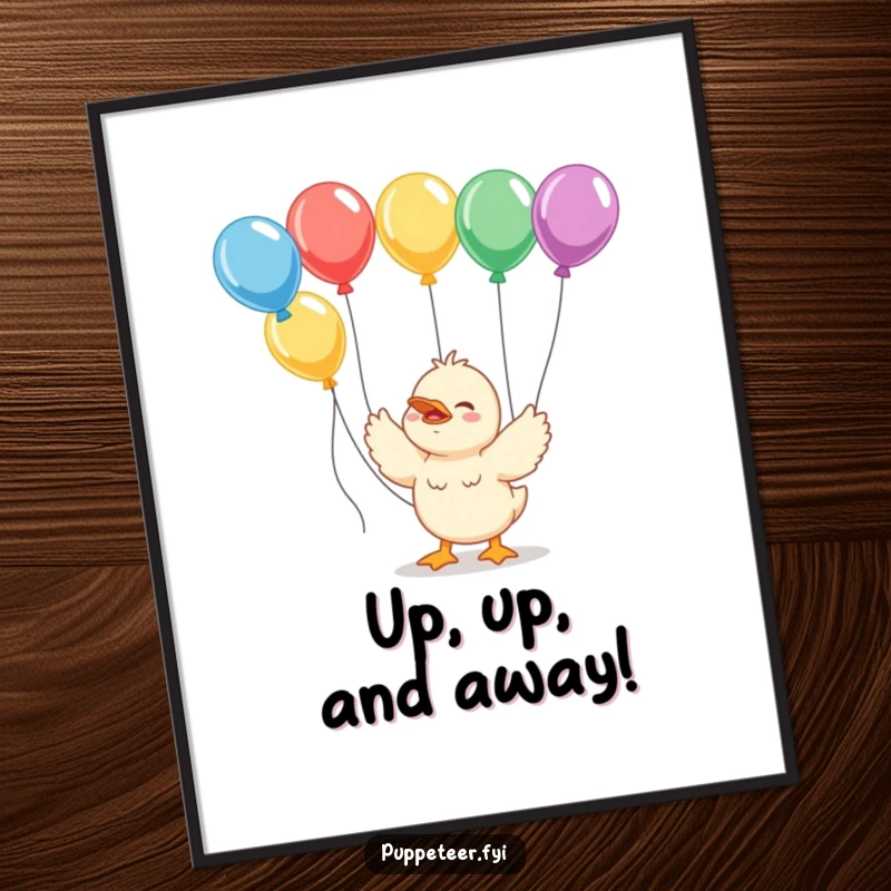 Funny giggling duckling poster with strings connected to colorful balloons, radiating happiness and playful charm.