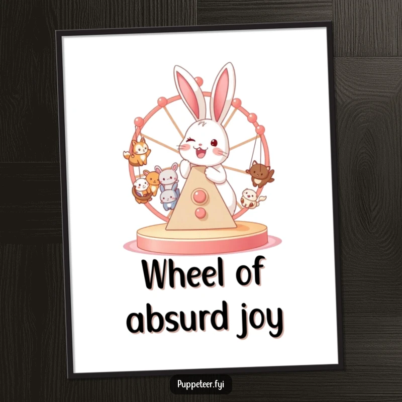 Funny poster depicting a joyful bunny operating a Ferris wheel packed with small animal puppets, capturing a scene of delight.
