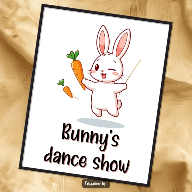 Funny poster art of a winking rabbit puppet master making a carrot puppet dance via invisible strings, adding whimsy to decor.