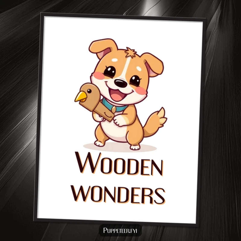 Funny dog poster art: a playful dog with a cheerful grin expertly controls a wooden bird, creating a whimsical scene.