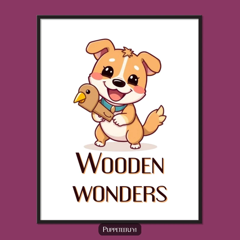 Funny Dog Puppet Master Poster: Cheerful Grin Dog, Wooden Bird Art, Whimsical Funny Gift Decor