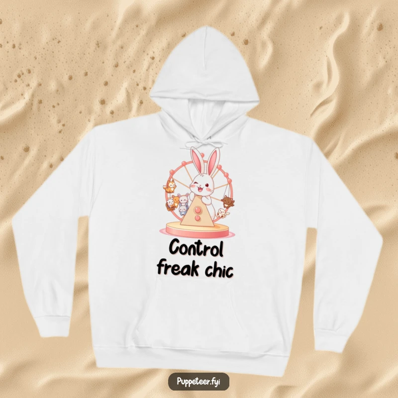Funny hoodie showing a joyful bunny operating a Ferris wheel loaded with miniature animal puppets, radiating fun.