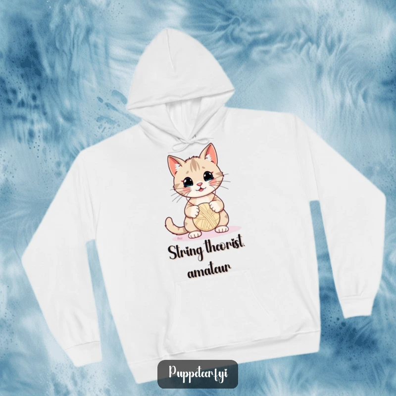 Funny Cat Hoodie: Expertly crafted design of a cat using strings to make a yarn ball puppet dance playfully.