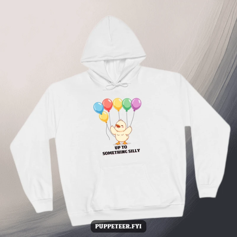 Funny giggling duckling hoodie with strings connected to colorful balloons, offering warm, cheerful comfort.