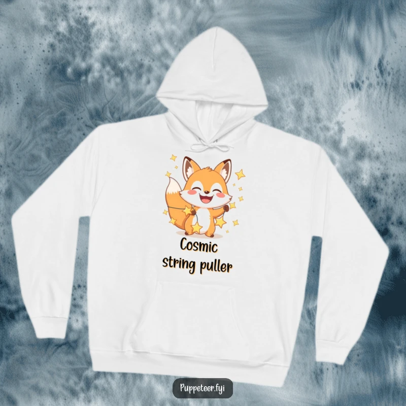 Funny happy fox hoodie with a wide grin controlling a string of shiny stars, offering warm, magical comfort.