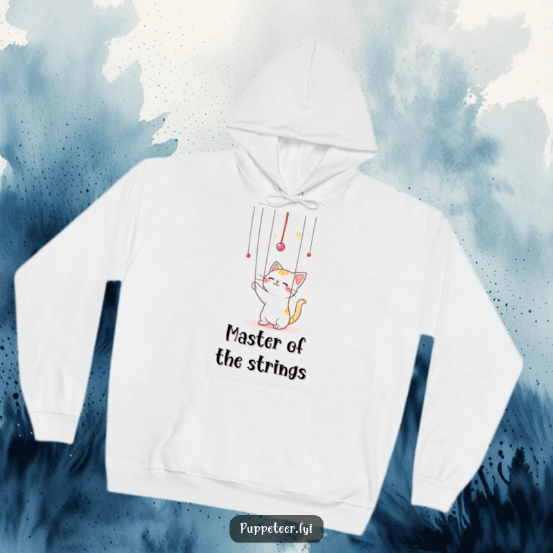 Funny Kawaii cat batting playfully at puppet strings in the air hoodie, showing a cute feline masterfully manipulating unseen threads with playful energy.