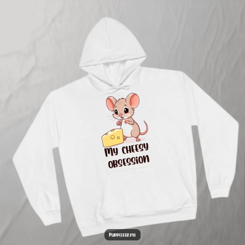 Funny Mouse Hoodie depicting a determined mouse skillfully guiding a cheese-shaped puppet, ideal for focused relaxation and warm comfort.