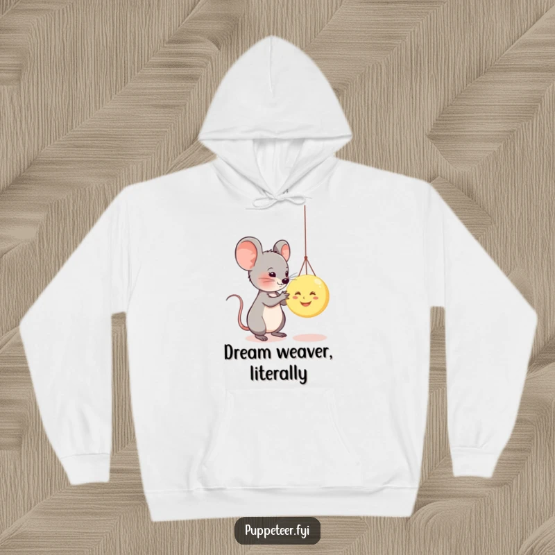 Funny mouse controlling a smiling moon puppet's strings on a cozy hoodie, a whimsical and humorous wearable art piece.