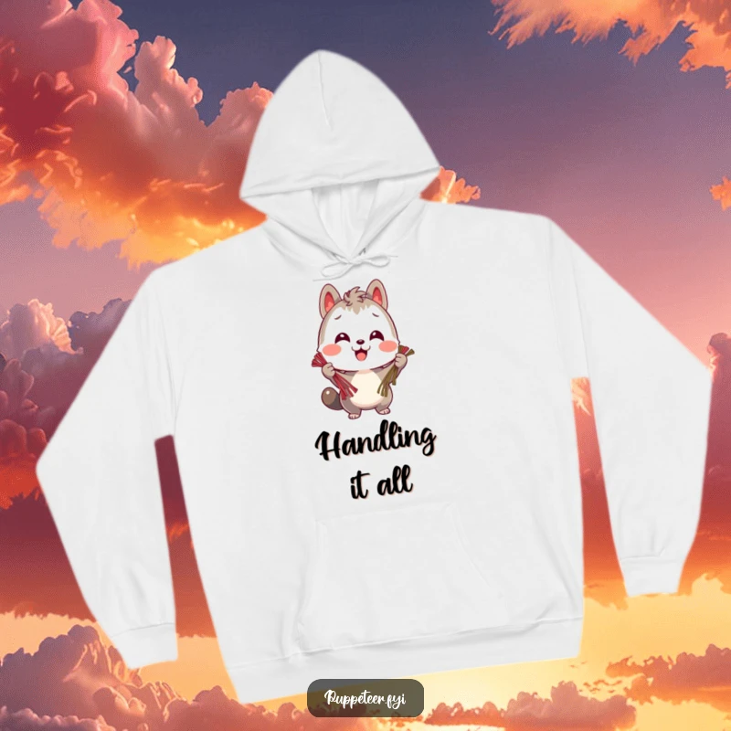 Funny hoodie with a cheerful animal character holding multiple strings, designed for comfort and showcasing organized multitasking.