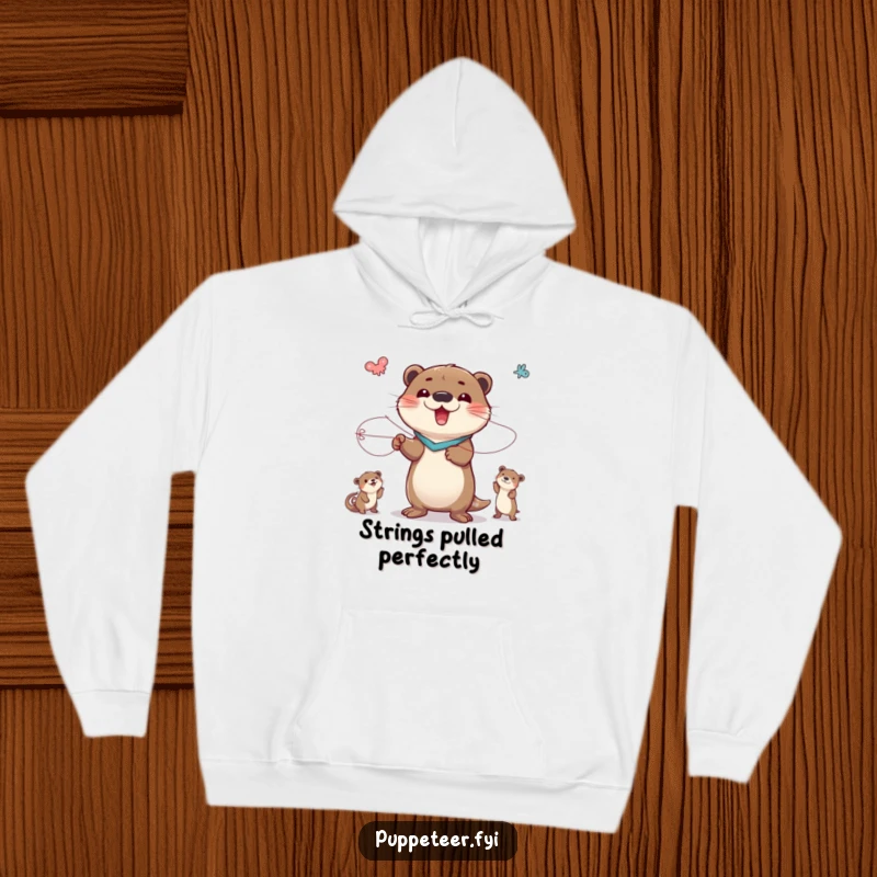 Funny hoodie featuring a delighted otter character in a dramatic pose, expertly manipulating animal puppets via strings for a comedic effect.