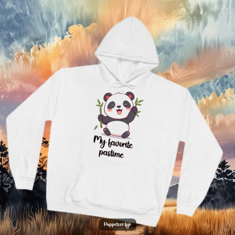Funny Panda Hoodie featuring a playful panda making a bamboo stalk puppet sway, perfect for cozying up with a smile.