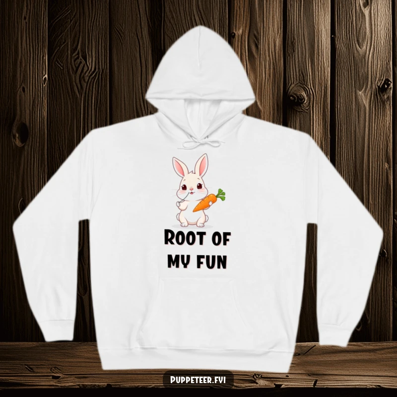 Funny rabbit hoodie showing a curious rabbit making a carrot puppet wiggle by tugging on its strings.