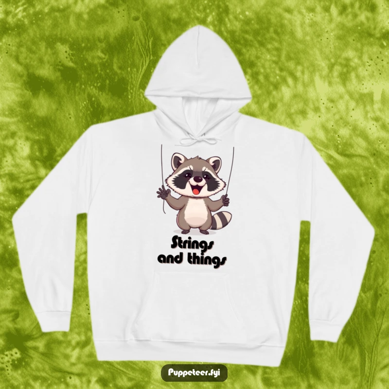 Funny Raccoon Hoodie: Cheeky raccoon energetically gestures with puppet-control strings, designed for warmth and humorous appeal.