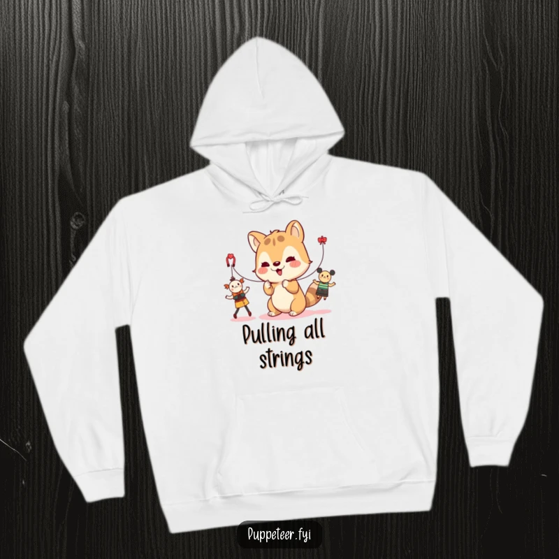 Funny hoodie with a cute animal character controlling strings for dancing toys, designed for comfort and playful entertainment.