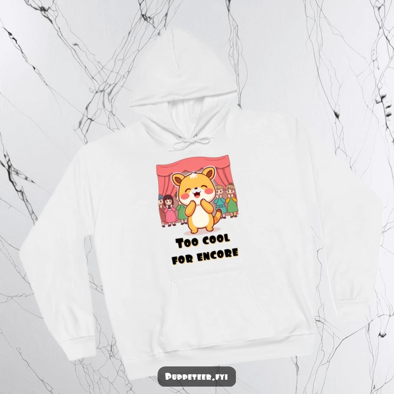 Funny Hoodie: Joyful animal character bowing deeply as a puppet audience applauds, a warm and humorous celebration.