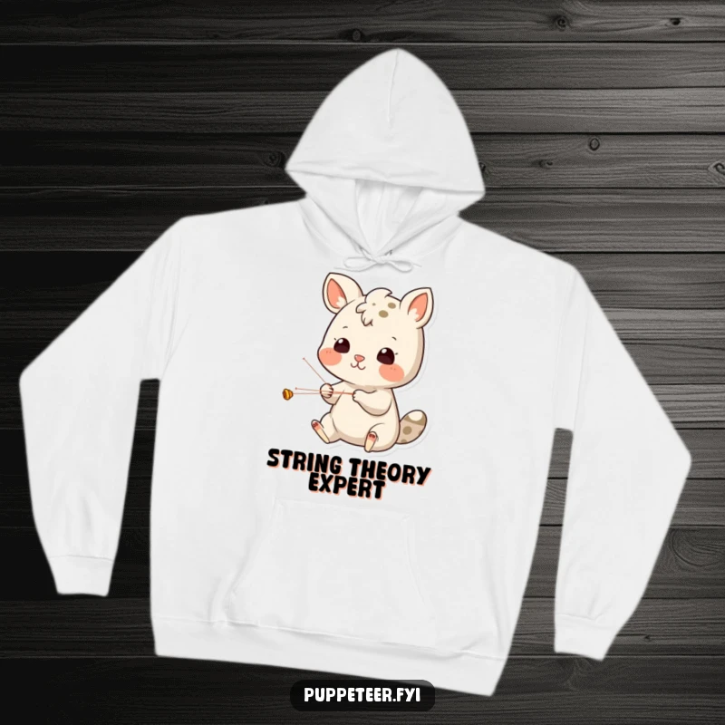 Funny Hoodie: A cheerful animal character concentrating deeply on manipulating puppet strings, showcasing artistic focus and playful humor.