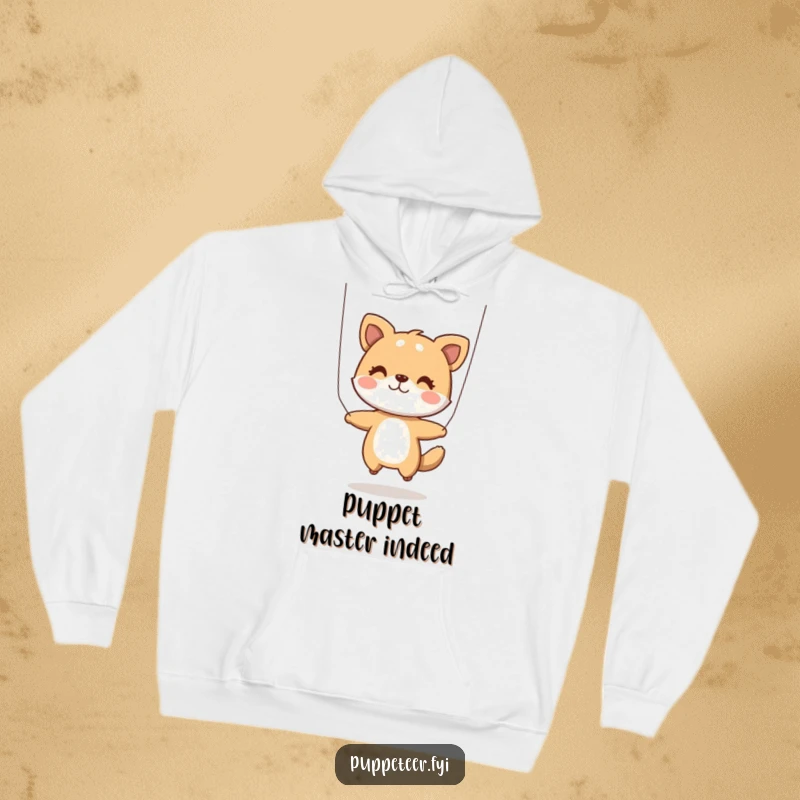 Funny Hoodie: A cozy hoodie featuring a playful animal character skillfully using two strings to make a puppet jump with animated glee.