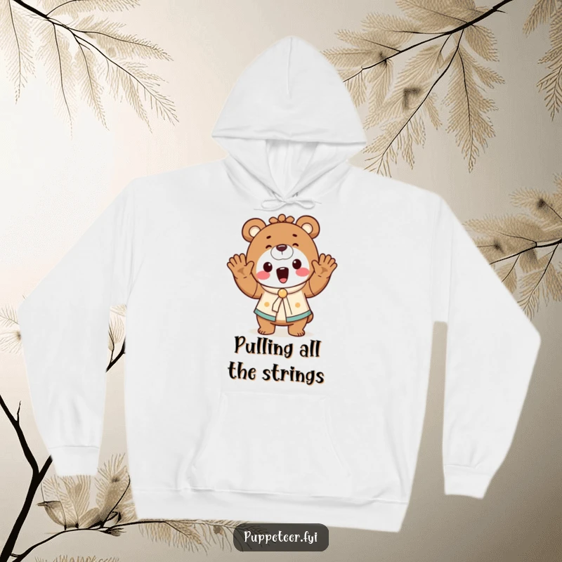 Funny bear puppet master hoodie with a cheerful bear waving hands, controlling a dancing puppet, offering warm, playful comfort.