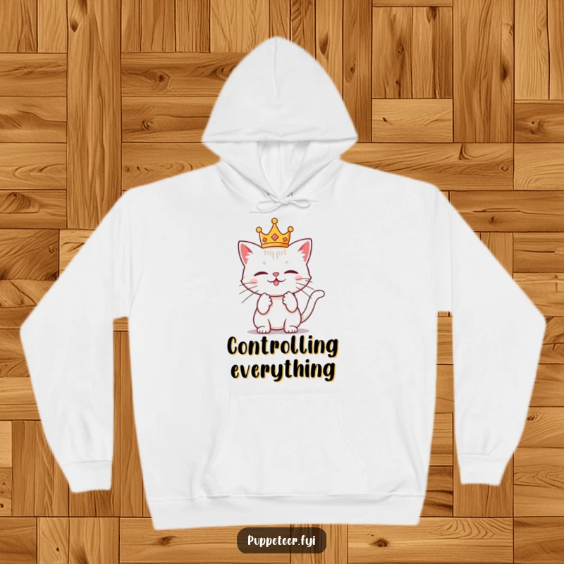 Funny hoodie featuring a mischievous cat with a tiny crown, expertly manipulating invisible strings, exuding playful commands and warmth.