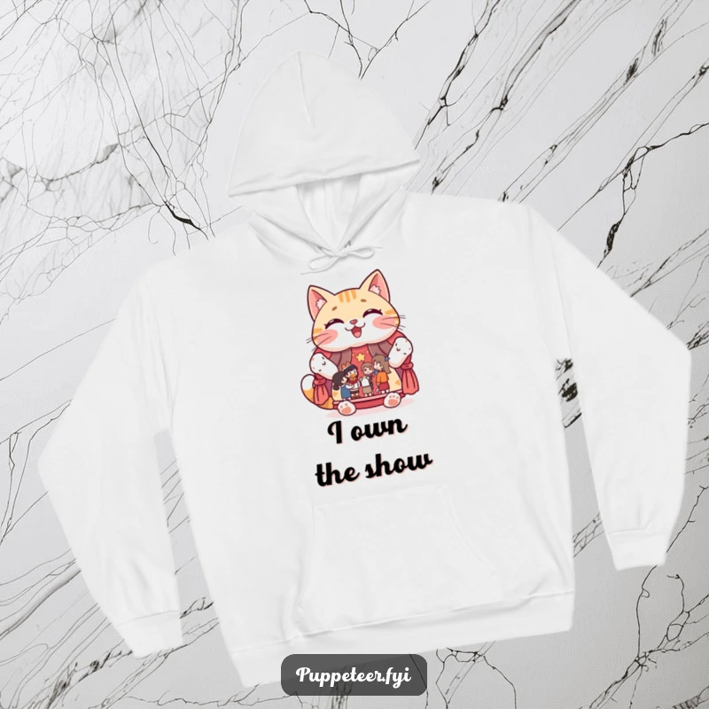 Funny hoodie featuring a giggling cat character proudly displaying a puppet show stage with figures, warm and amusing.