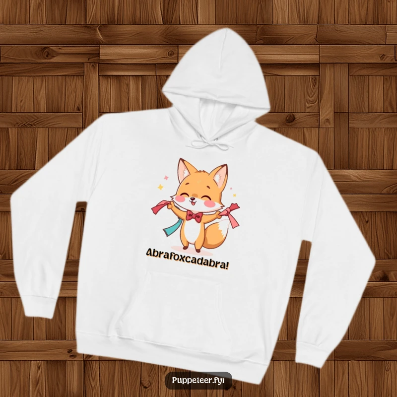 Funny hoodie featuring a bowtie-wearing fox performing a magic trick with scarves, offering cozy enchantment and playful style.