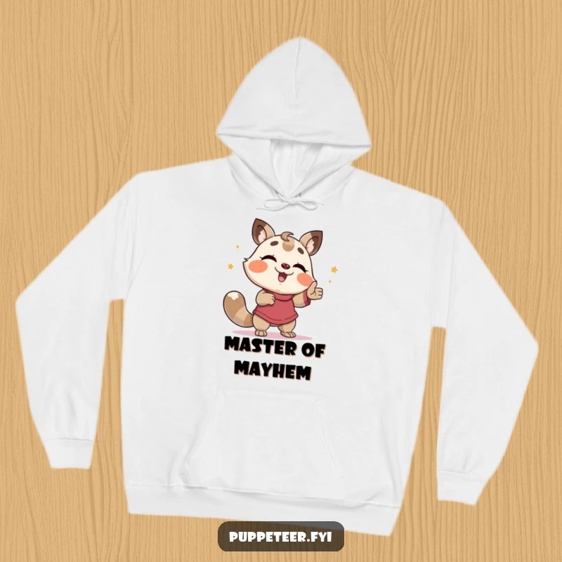 Funny Hoodie: A joyful, giggling animal animates a puppet in a wildly funny dance, radiating pure comedic energy.