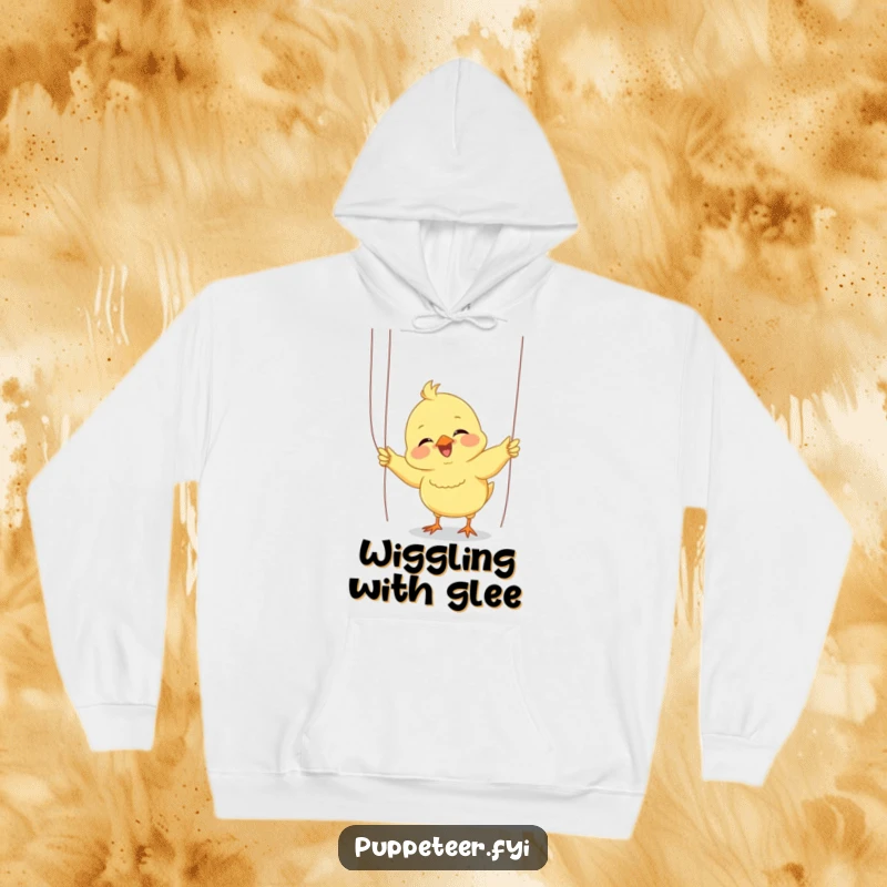 Funny chick hoodie: a giggling chick enthusiastically wiggles puppet strings, entertaining a small audience with infectious joy.
