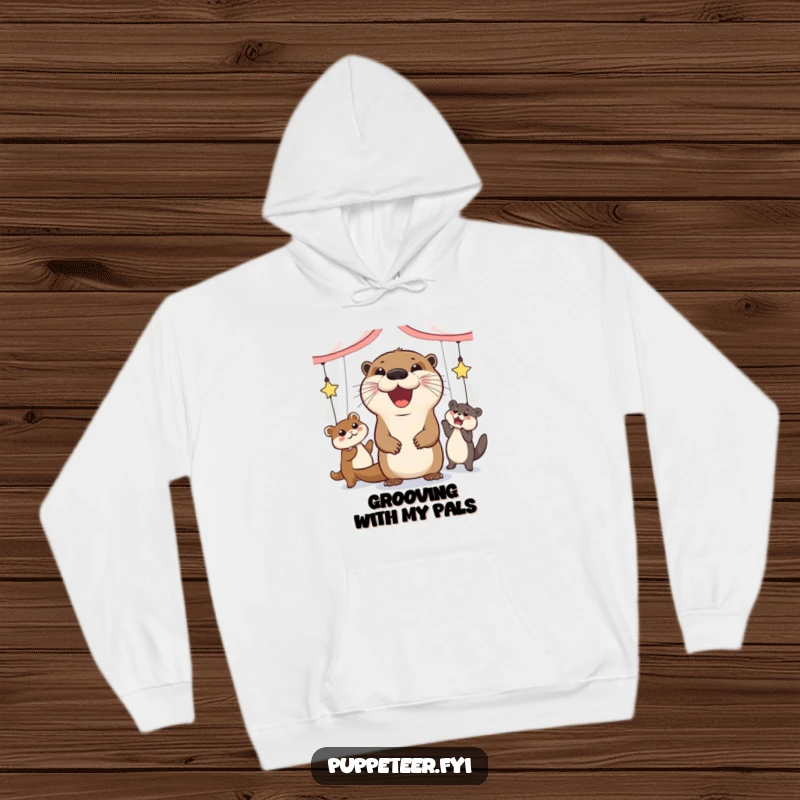 Funny hoodie with a jolly otter with a wide grin, making animal puppets dance merrily.