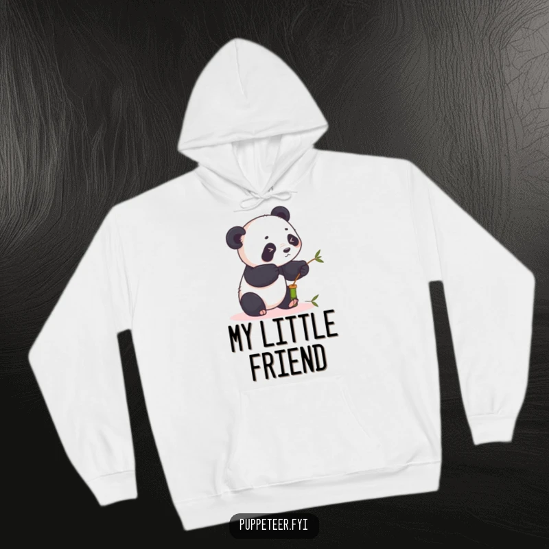 Funny panda hoodie design showing a playful panda animating a bamboo puppet with sticks, offering cozy and humorous apparel.