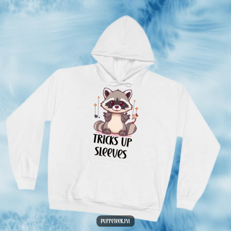 Funny hoodie featuring a dexterous kawaii raccoon operating puppets, embodying creativity and comfort.