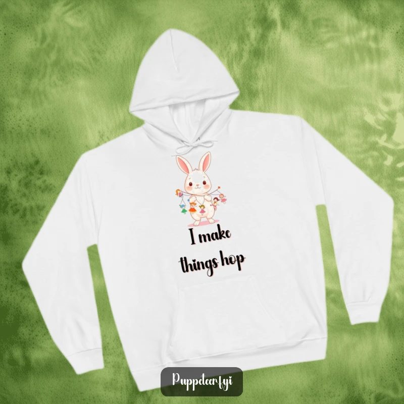 Funny kawaii rabbit holding multiple strings, making small dolls dance on a cozy hoodie, great for a funny gift.