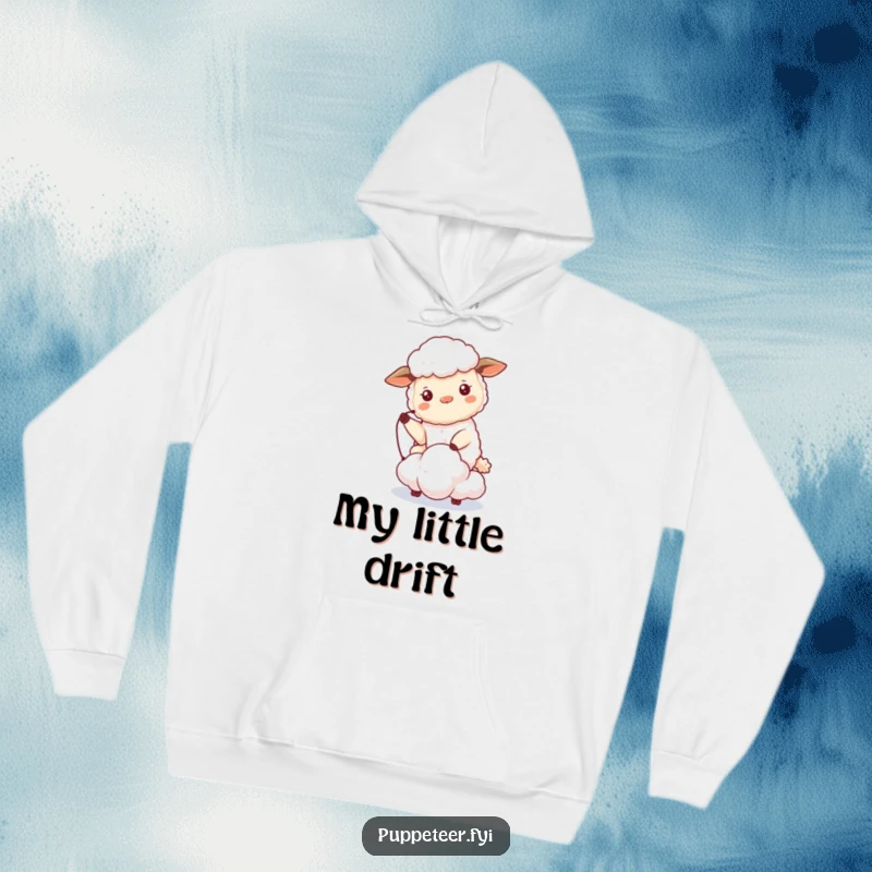 Funny sheep hoodie design showing a beaming sheep controlling a tiny cloud puppet that drifts, offering cozy and humorous apparel.
