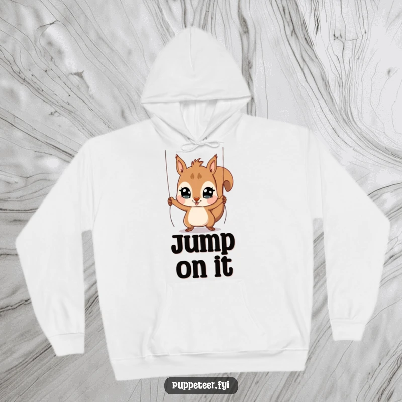Funny Squirrel Puppet Master Hoodie featuring a playful, wide-eyed squirrel controlling a jumping puppet, a humorous and cozy gift.