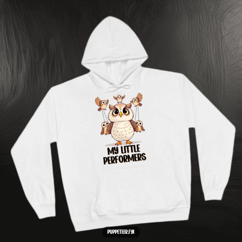 Funny hoodie with a surprised owl watching its puppet owls perform daring aerial acrobatics with wonder.
