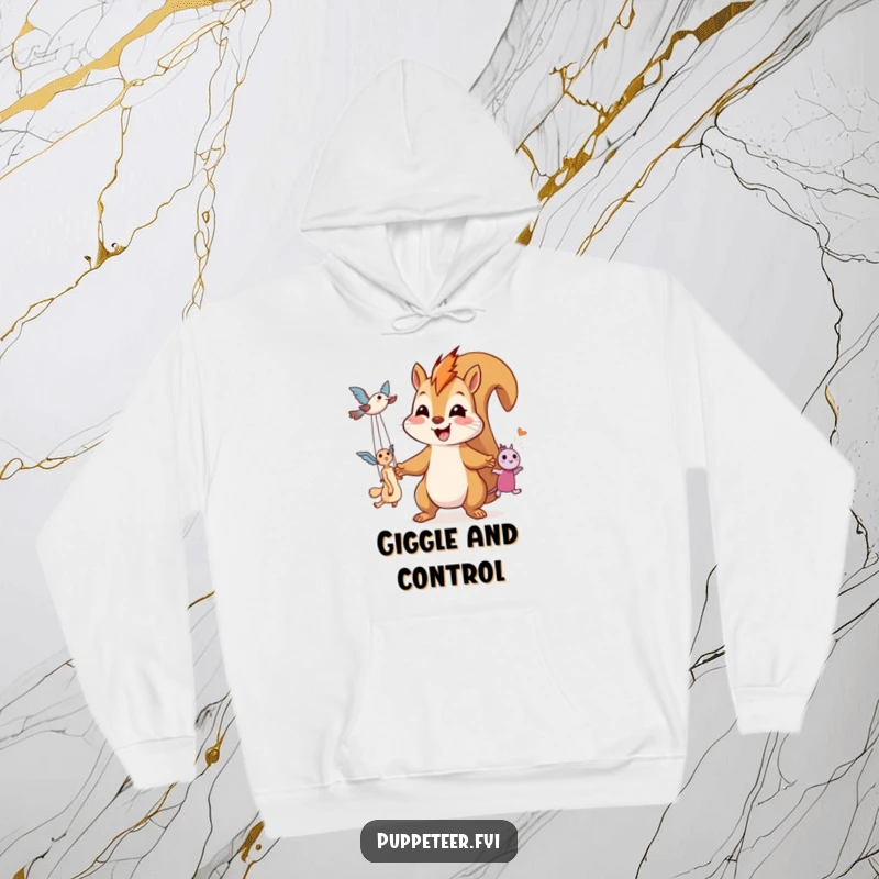 Funny hoodie illustration of a smiling, giggling squirrel expertly operating two whimsical flying puppets with strings.