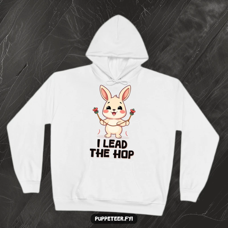 Funny hoodie showcasing a cheerful rabbit character with a delighted expression, guiding two string puppets, warm and amusing.