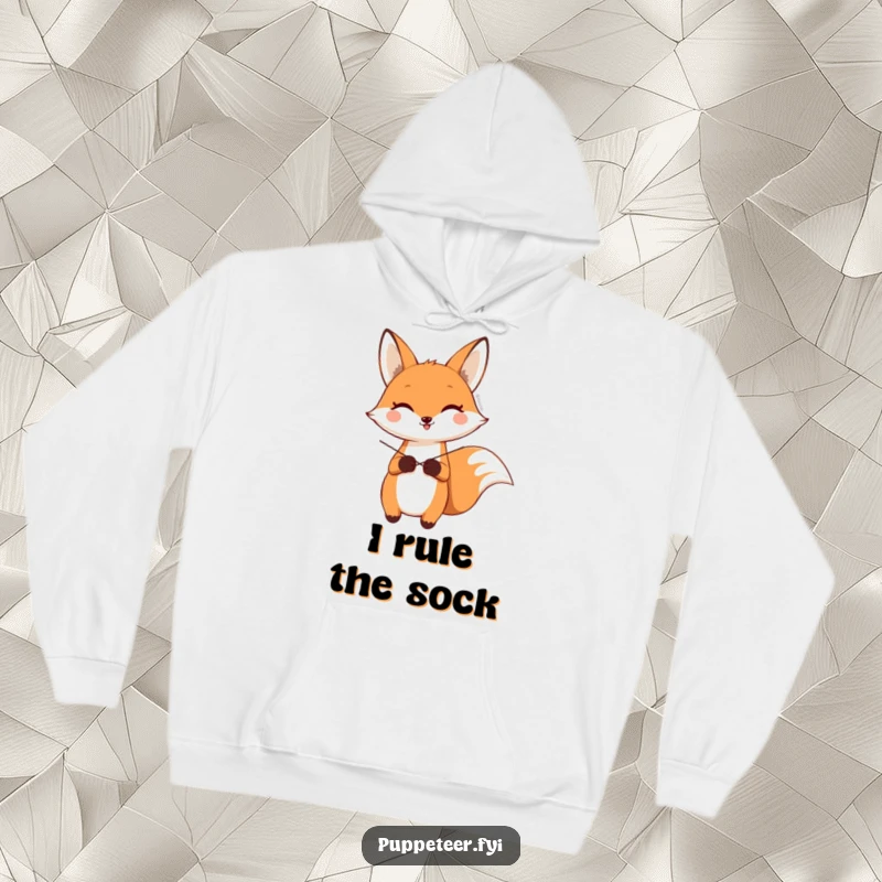 Funny hoodie depicting a happy fox character controlling a sock puppet’s wave with crossed strings, warm and humorous.