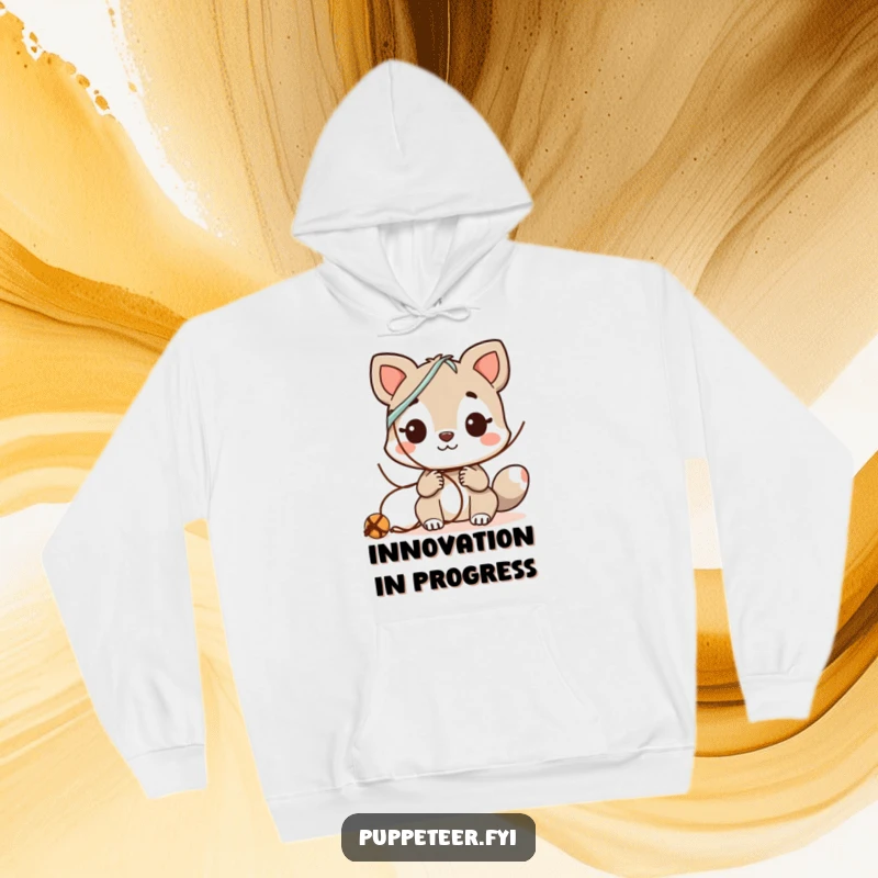 Funny Hoodie: Curious animal character experimenting with varied string combinations, a warm and humorous exploration.