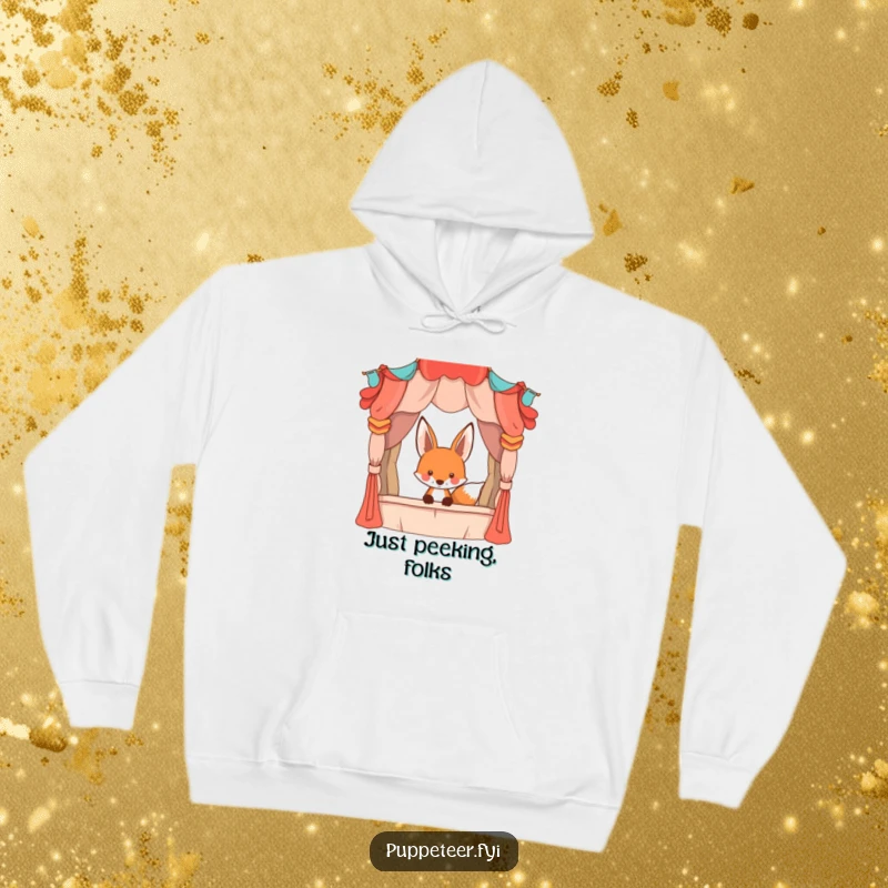 Funny playful fox peeking from behind a large, whimsical puppet stage, cozy hoodie design, illustrating backstage curiosity.