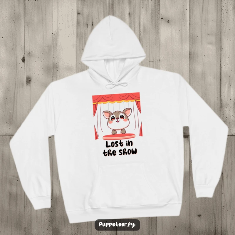 Funny Hoodie: A happy animal gazes upwards with wide, amazed eyes at a lively puppet show, radiating innocent delight.